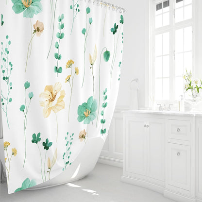 Sage Green Beige Watercolor Floral Fabric Shower Curtain 72x72