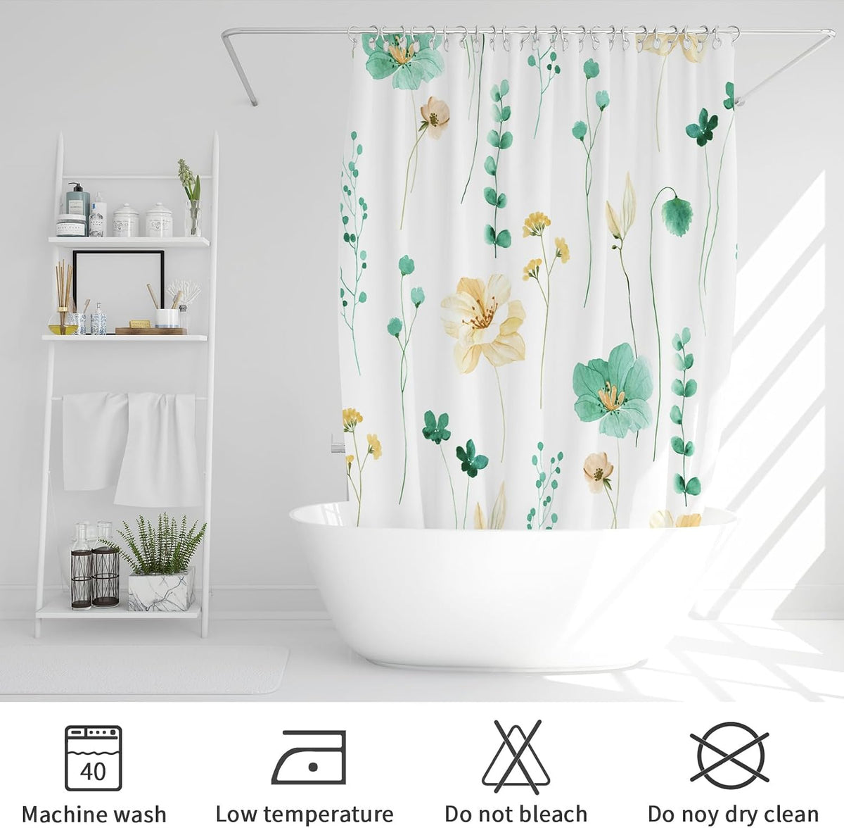 Sage Green Beige Watercolor Floral Fabric Shower Curtain 72x72