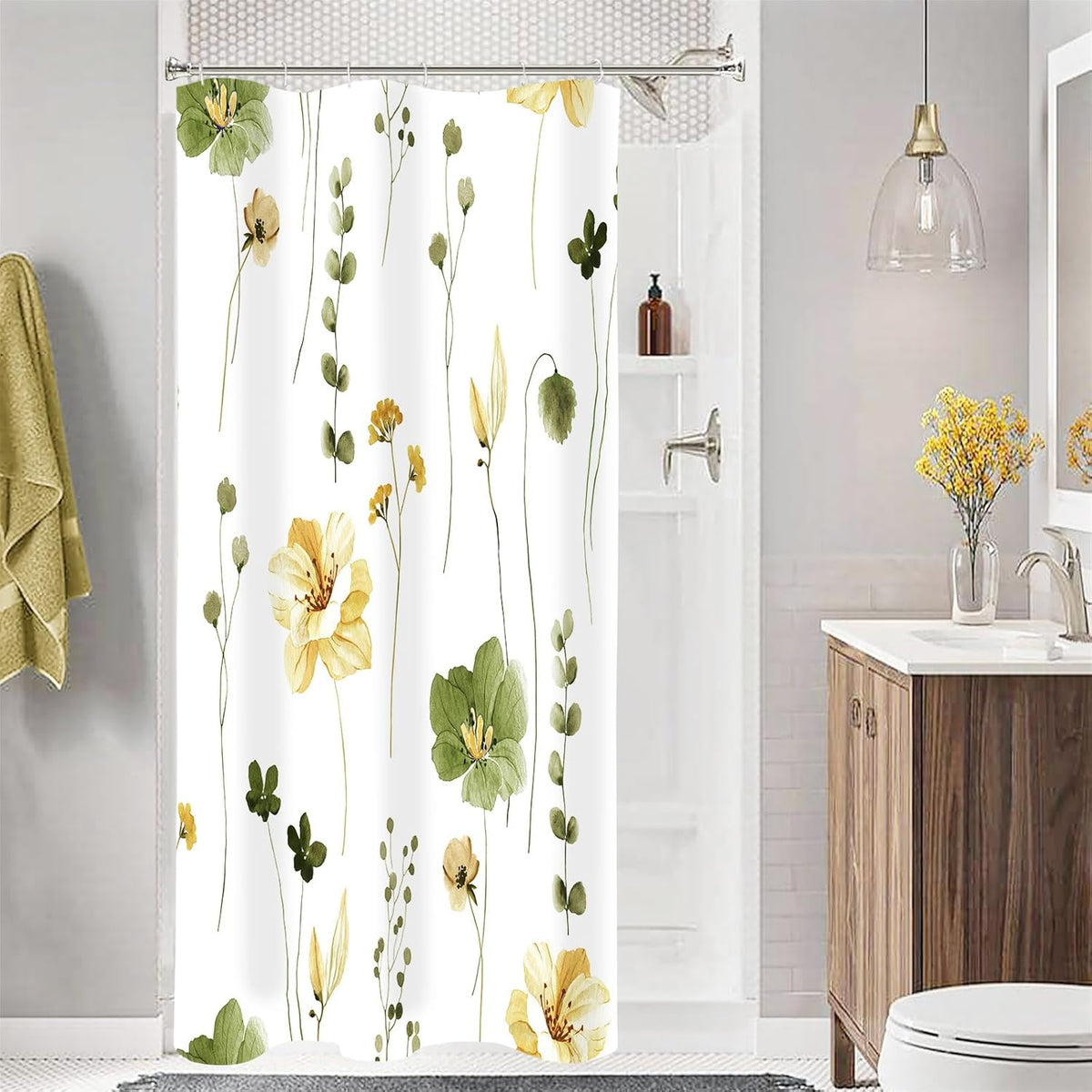 Sage Green Beige Watercolor Floral Fabric Shower Curtain 72x72