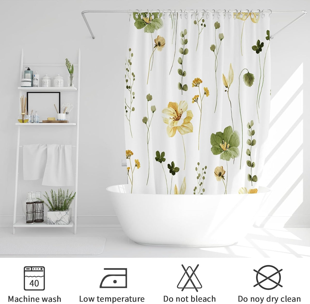 Sage Green Beige Watercolor Floral Fabric Shower Curtain 72x72