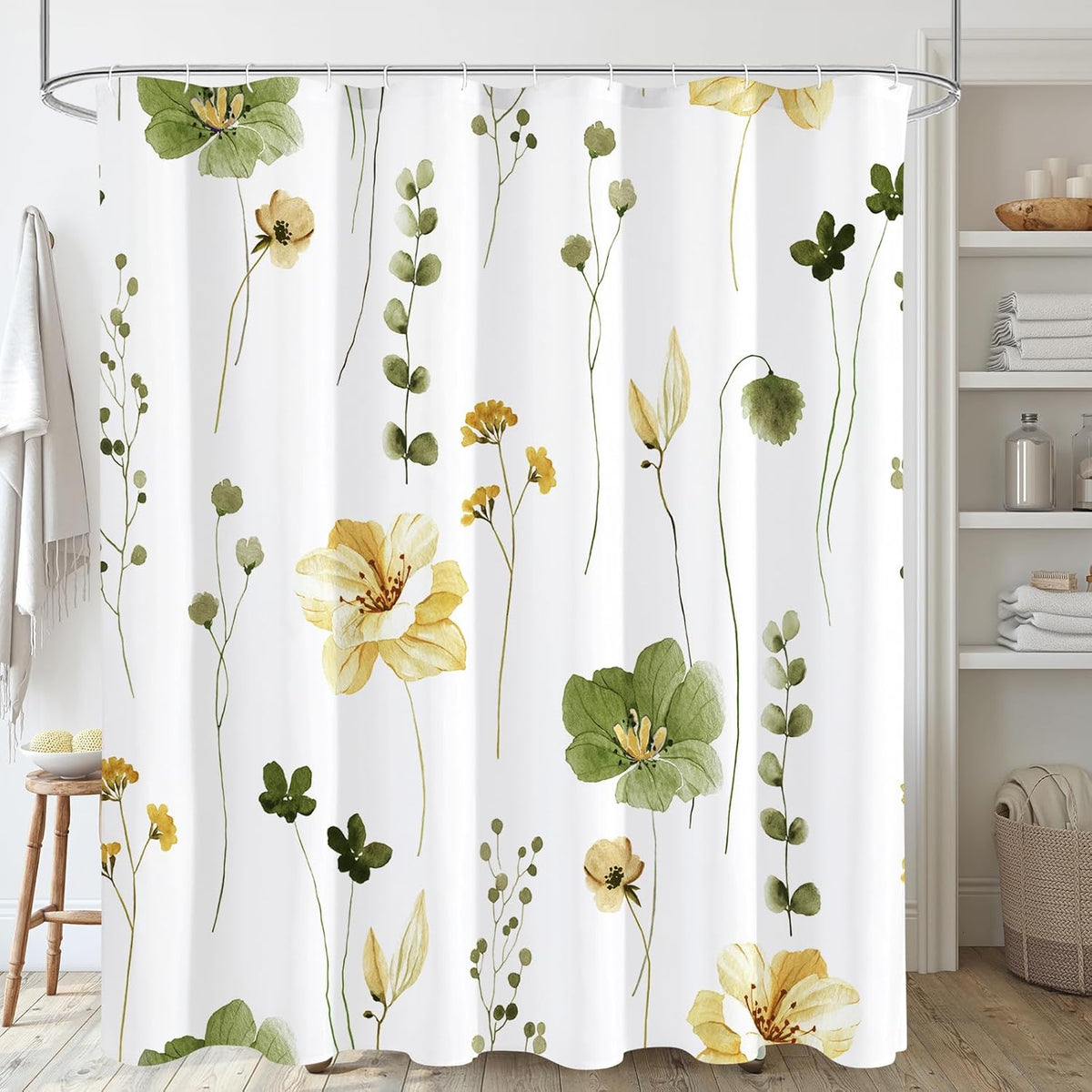 Sage Green Beige Watercolor Floral Fabric Shower Curtain 72x72