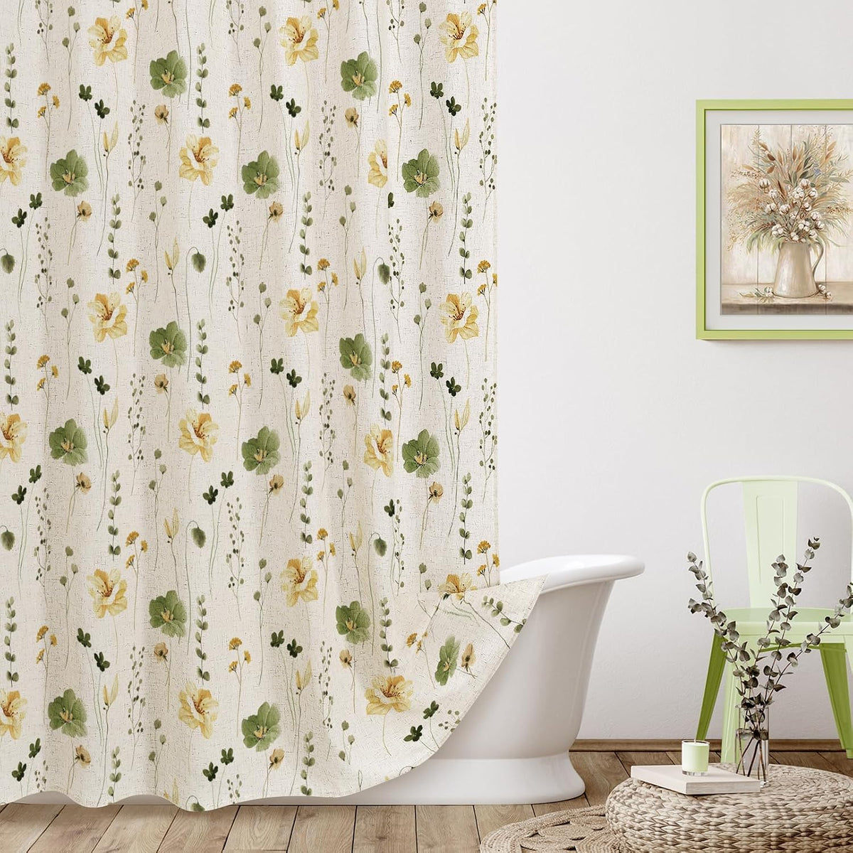 Sage Green Beige Watercolor Floral Fabric Shower Curtain 72x72