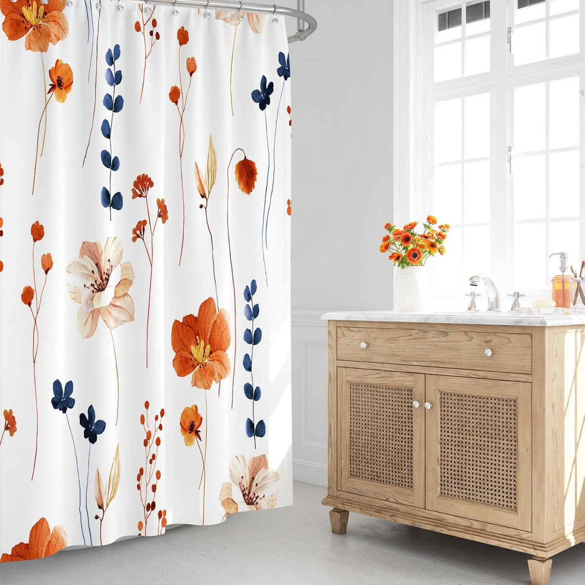 Sage Green Beige Watercolor Floral Fabric Shower Curtain 72x72