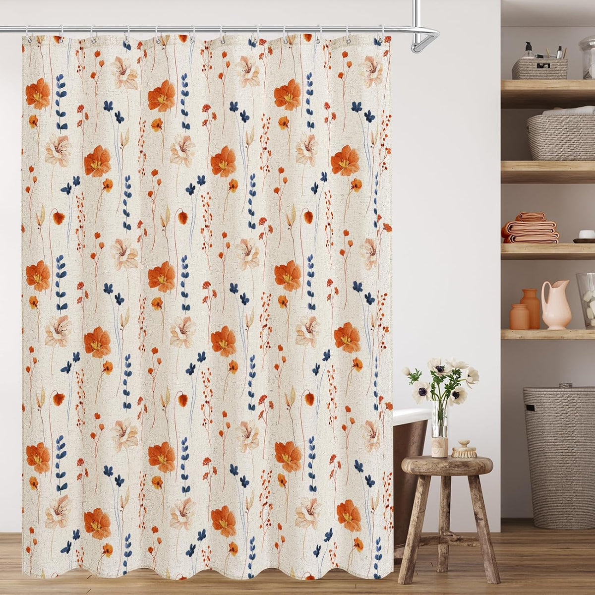 Sage Green Beige Watercolor Floral Fabric Shower Curtain 72x72