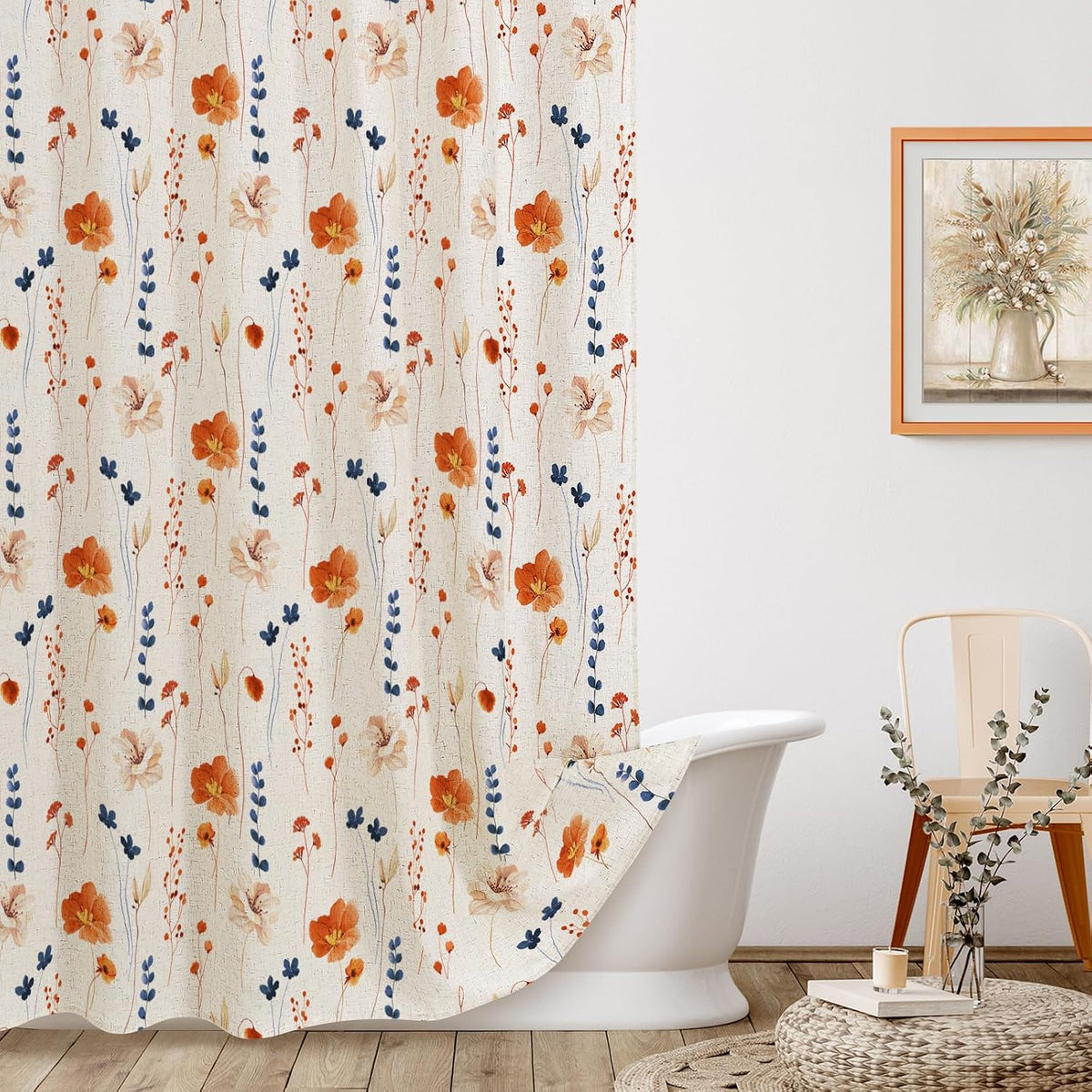 Sage Green Beige Watercolor Floral Fabric Shower Curtain 72x72