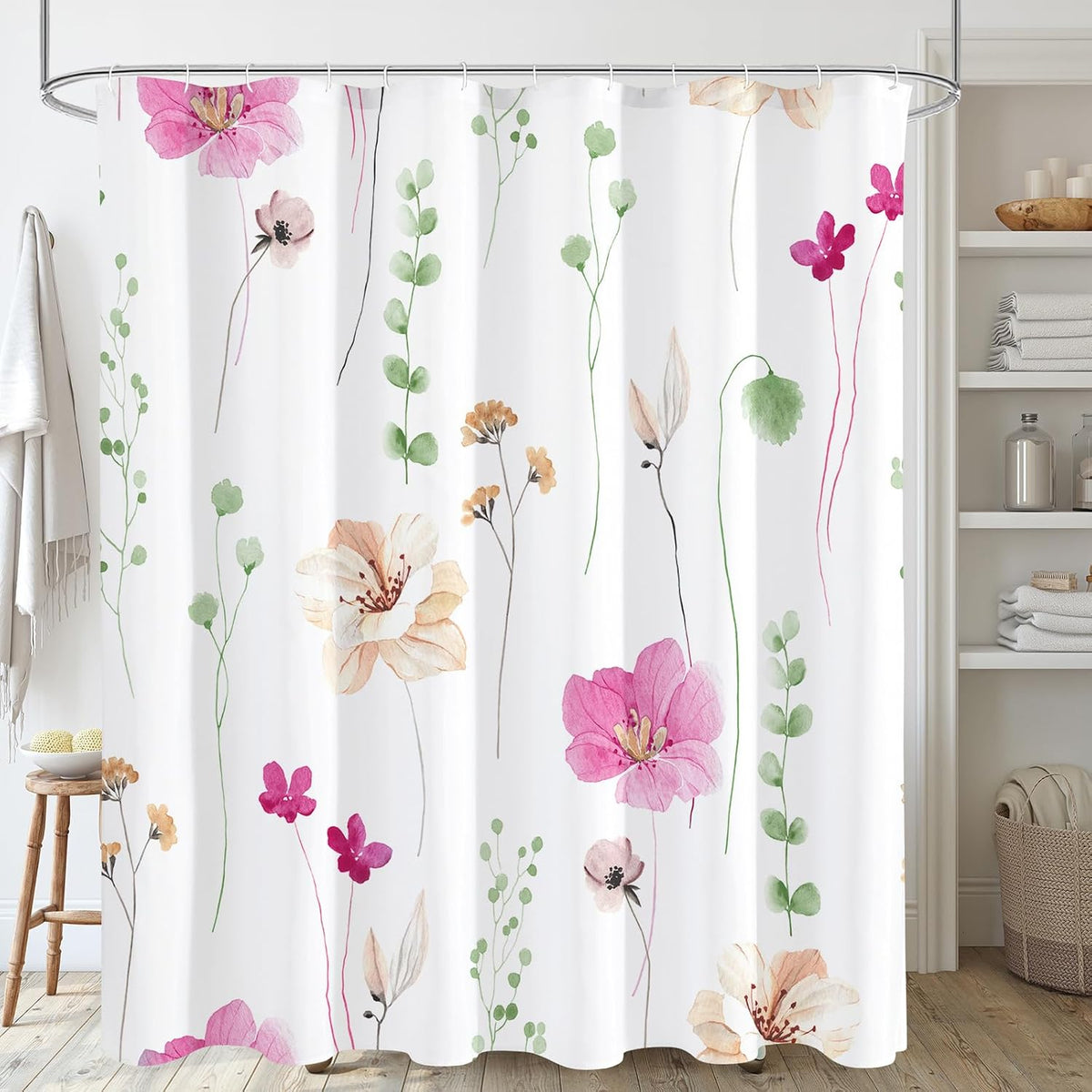 Sage Green Beige Watercolor Floral Fabric Shower Curtain 72x72