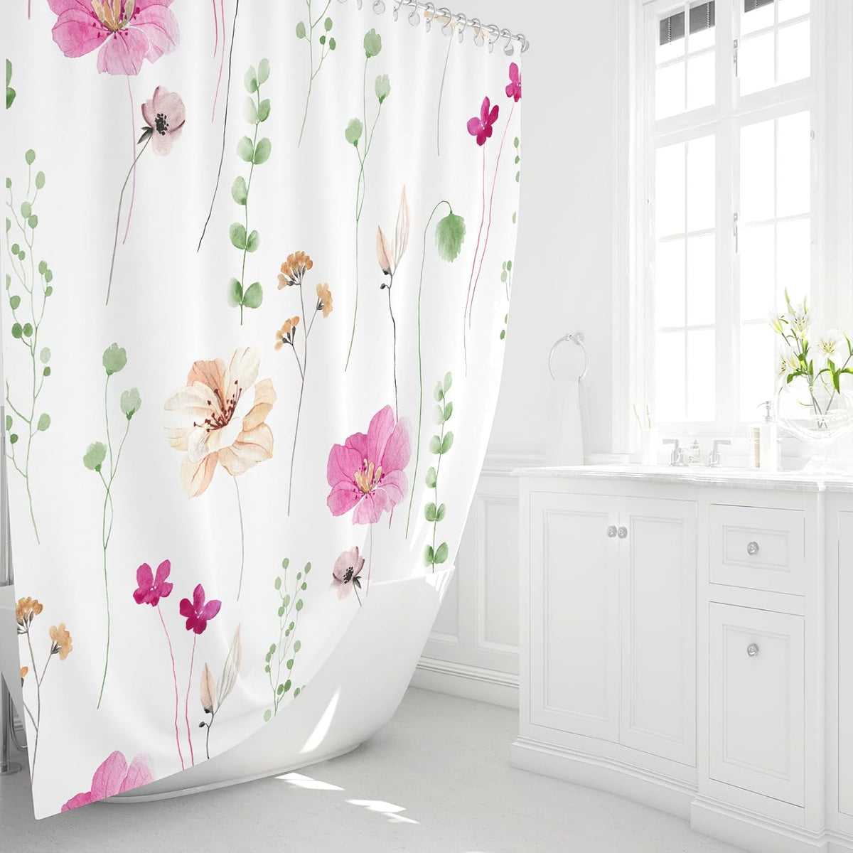 Sage Green Beige Watercolor Floral Fabric Shower Curtain 72x72