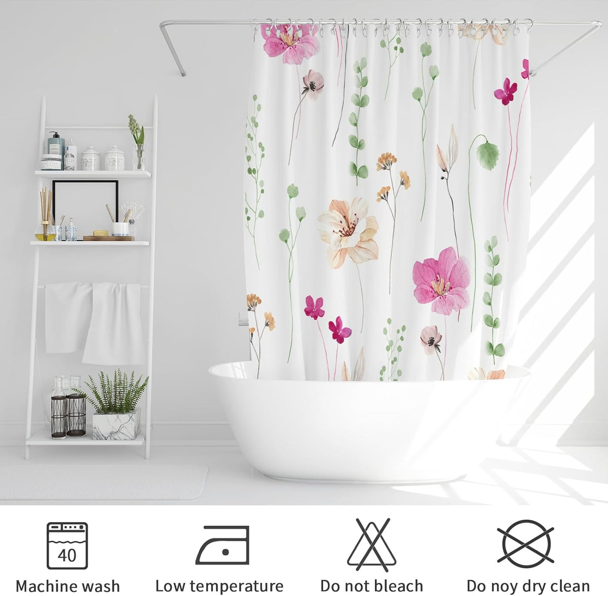 Sage Green Beige Watercolor Floral Fabric Shower Curtain 72x72
