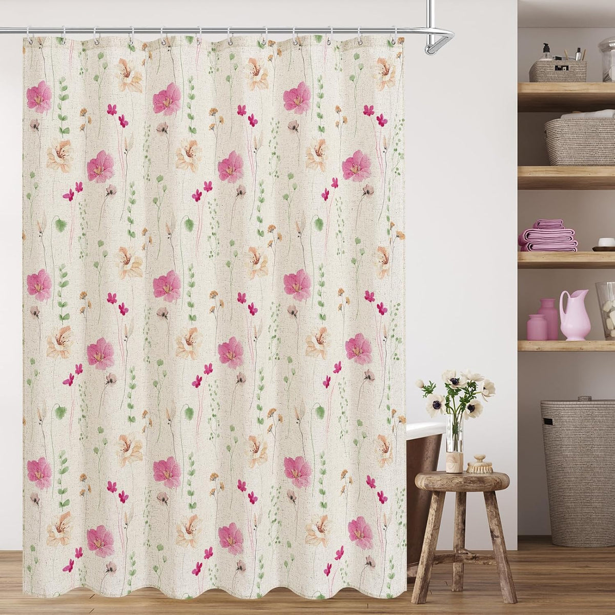 Sage Green Beige Watercolor Floral Fabric Shower Curtain 72x72