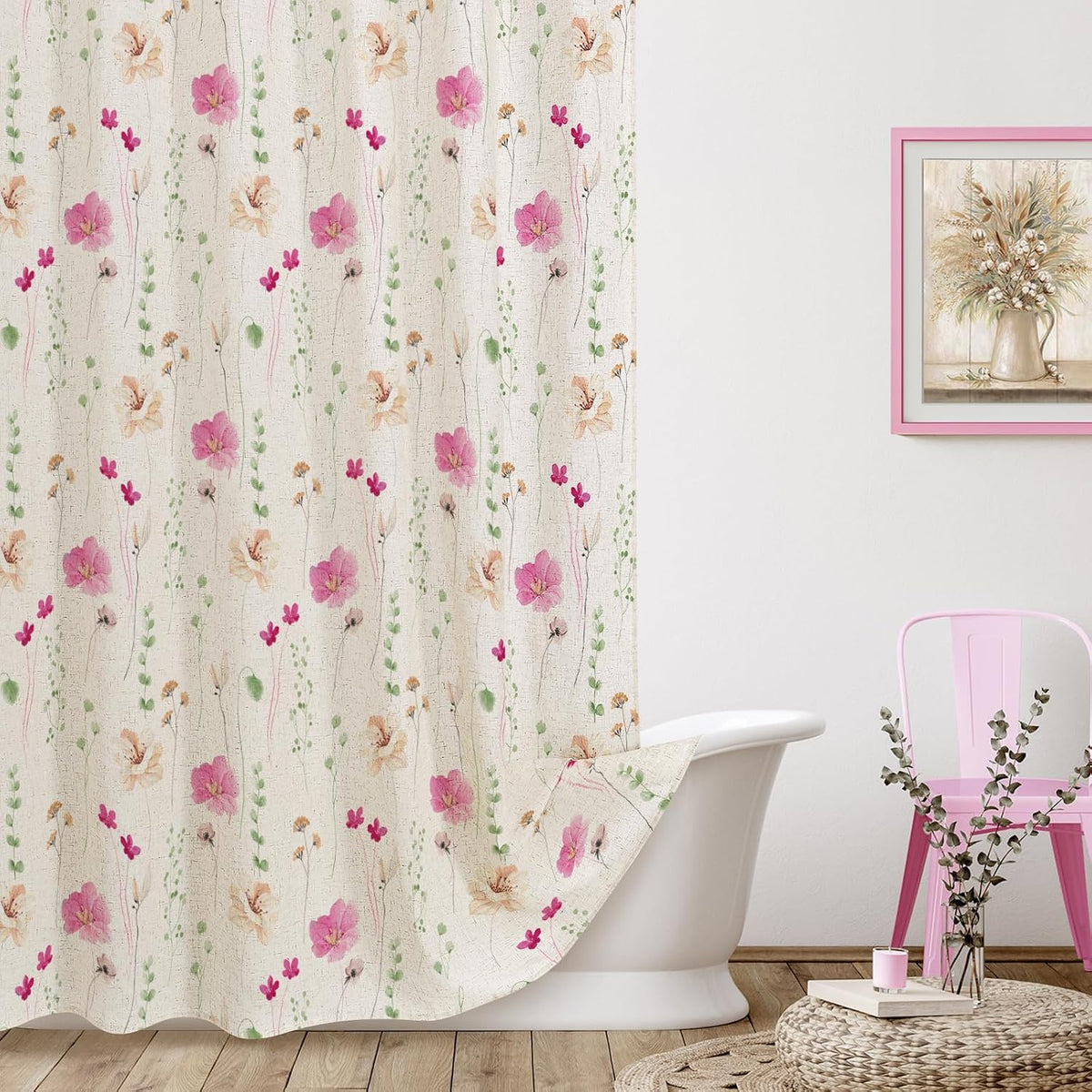 Sage Green Beige Watercolor Floral Fabric Shower Curtain 72x72
