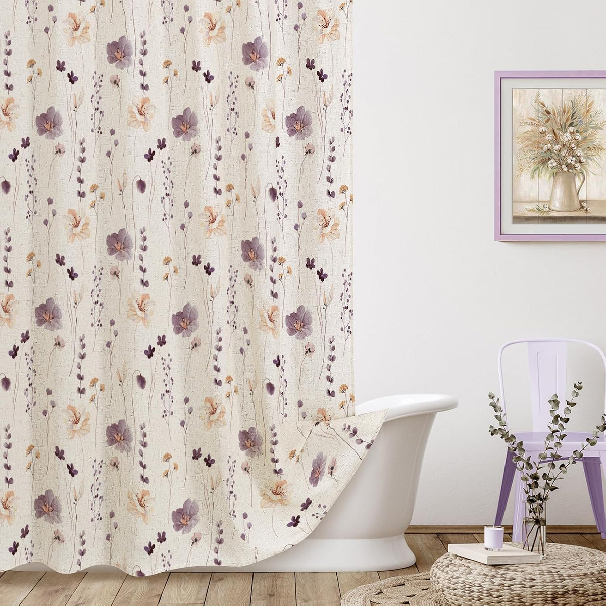 Sage Green Beige Watercolor Floral Fabric Shower Curtain 72x72