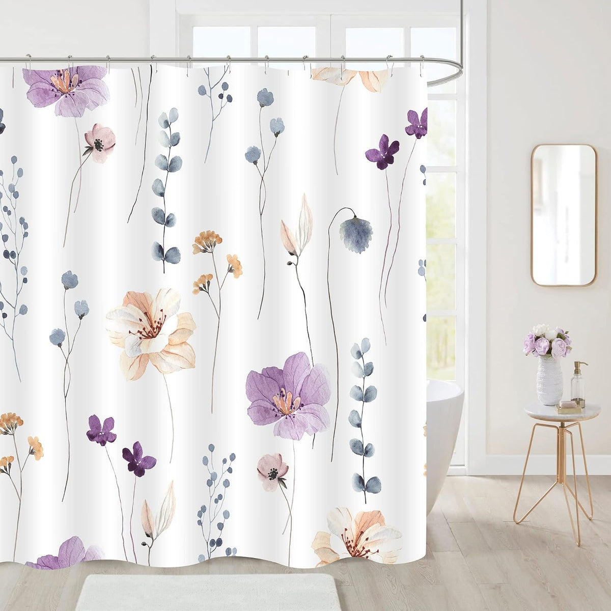 Sage Green Beige Watercolor Floral Fabric Shower Curtain 72x72