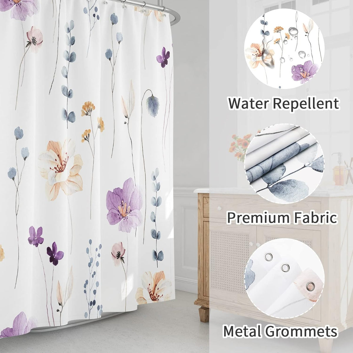 Sage Green Beige Watercolor Floral Fabric Shower Curtain 72x72