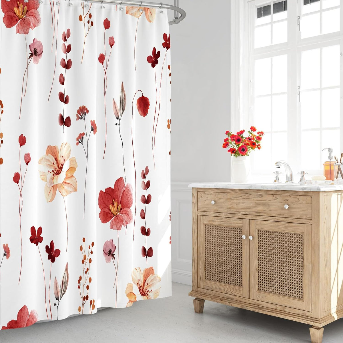 Sage Green Beige Watercolor Floral Fabric Shower Curtain 72x72