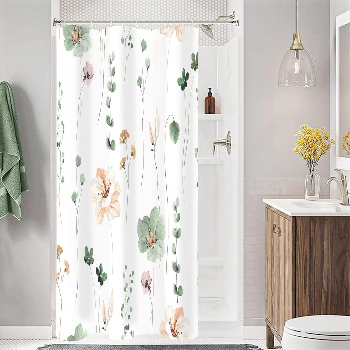 Sage Green Beige Watercolor Floral Fabric Shower Curtain 72x72