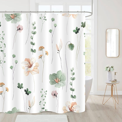 Sage Green Beige Watercolor Floral Fabric Shower Curtain 72x72