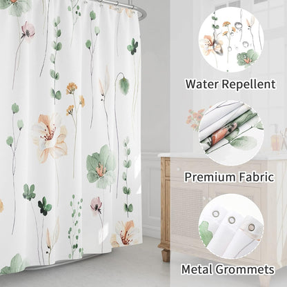 Sage Green Beige Watercolor Floral Fabric Shower Curtain 72x72