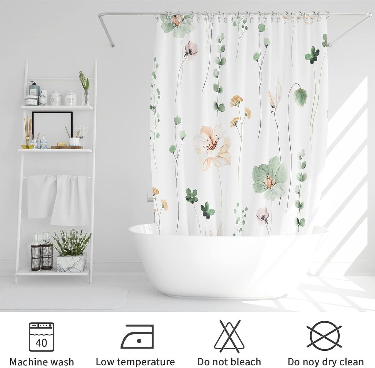 Sage Green Beige Watercolor Floral Fabric Shower Curtain 72x72