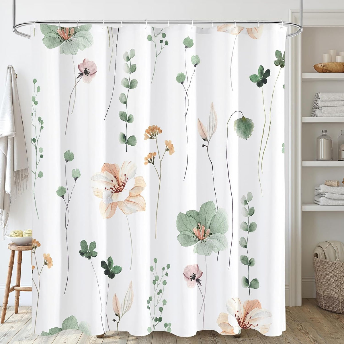 Sage Green Beige Watercolor Floral Fabric Shower Curtain 72x72
