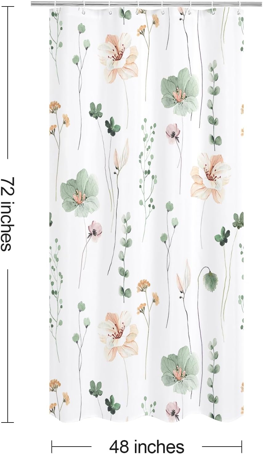 Sage Green Beige Watercolor Floral Fabric Shower Curtain 72x72