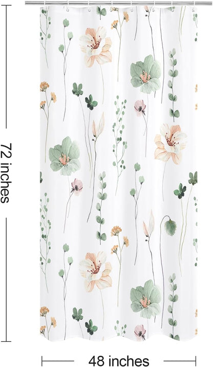 Sage Green Beige Watercolor Floral Fabric Shower Curtain 72x72