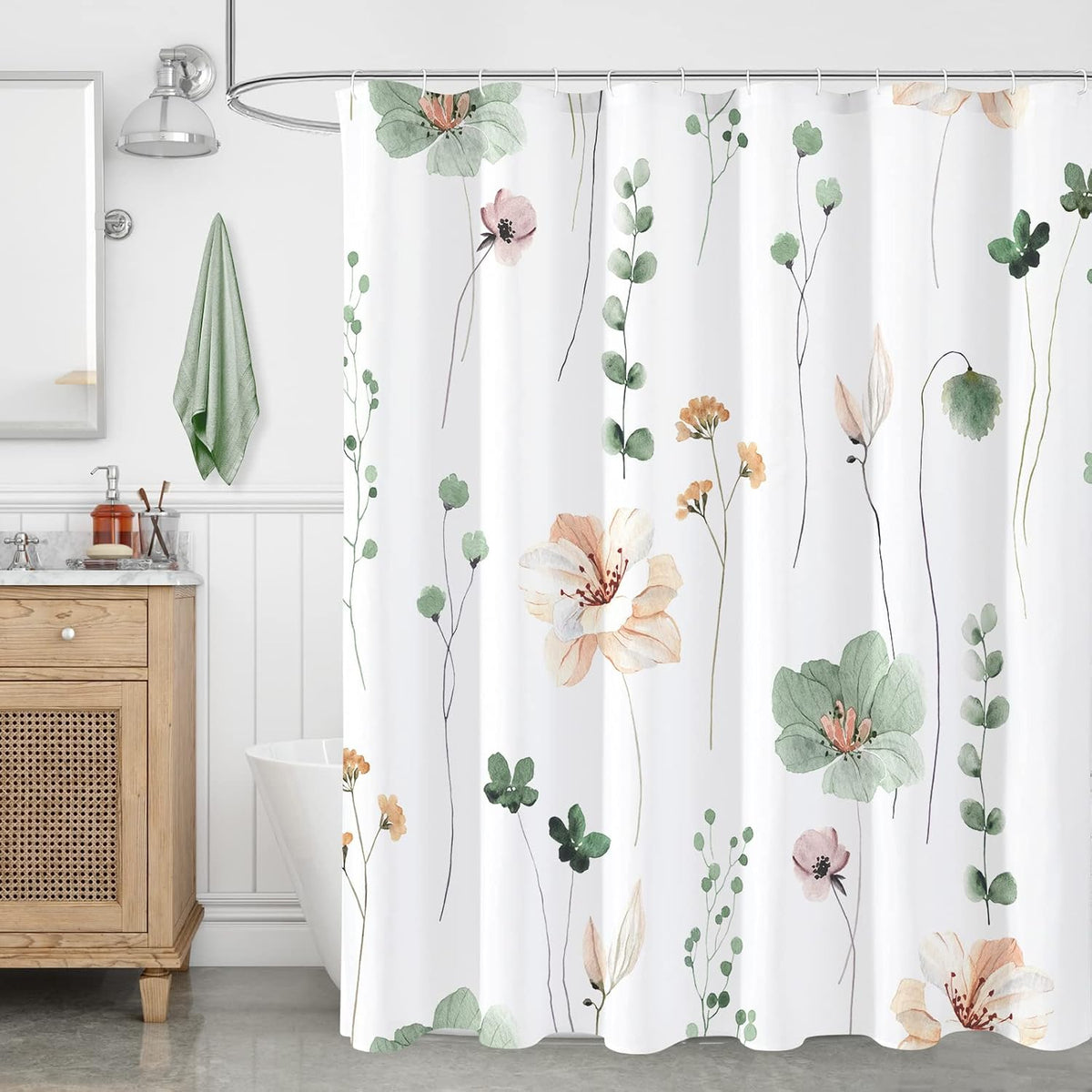 Sage Green Beige Watercolor Floral Fabric Shower Curtain 72x72