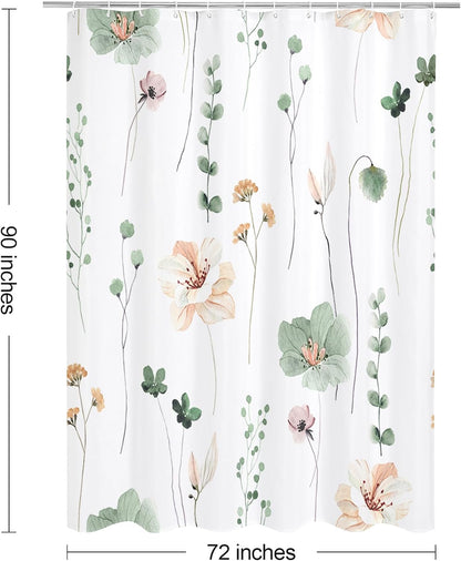 Sage Green Beige Watercolor Floral Fabric Shower Curtain 72x72