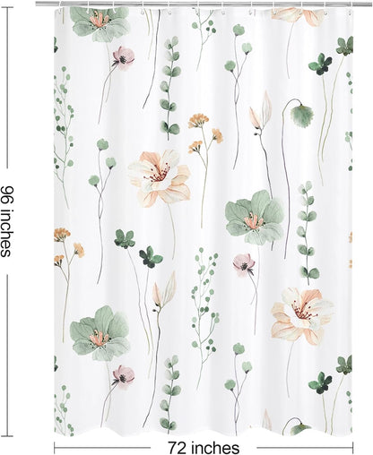 Sage Green Beige Watercolor Floral Fabric Shower Curtain 72x72