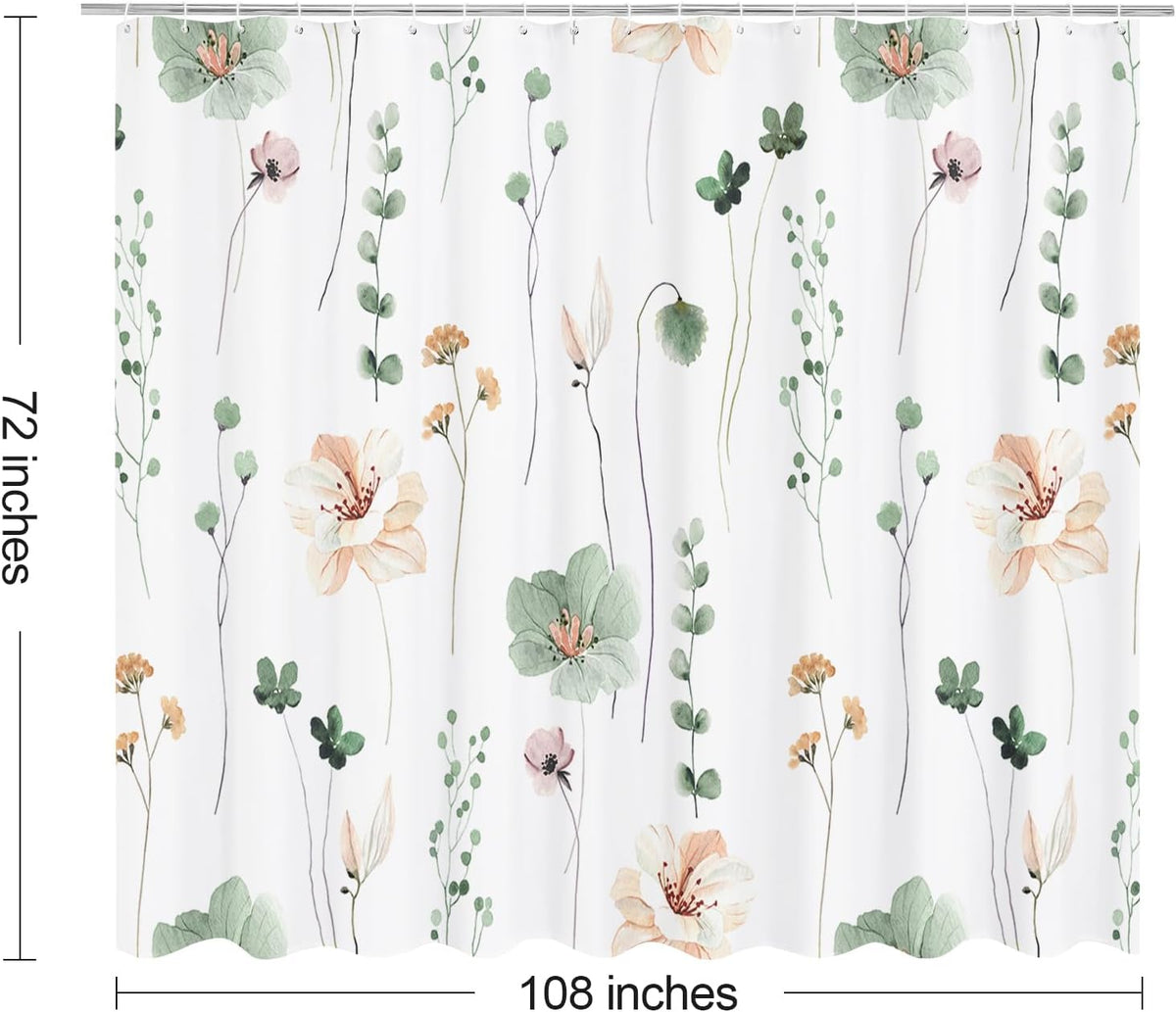 Sage Green Beige Watercolor Floral Fabric Shower Curtain 72x72