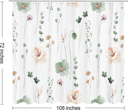 Sage Green Beige Watercolor Floral Fabric Shower Curtain 72x72