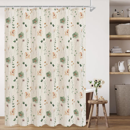 Sage Green Beige Watercolor Floral Fabric Shower Curtain 72x72