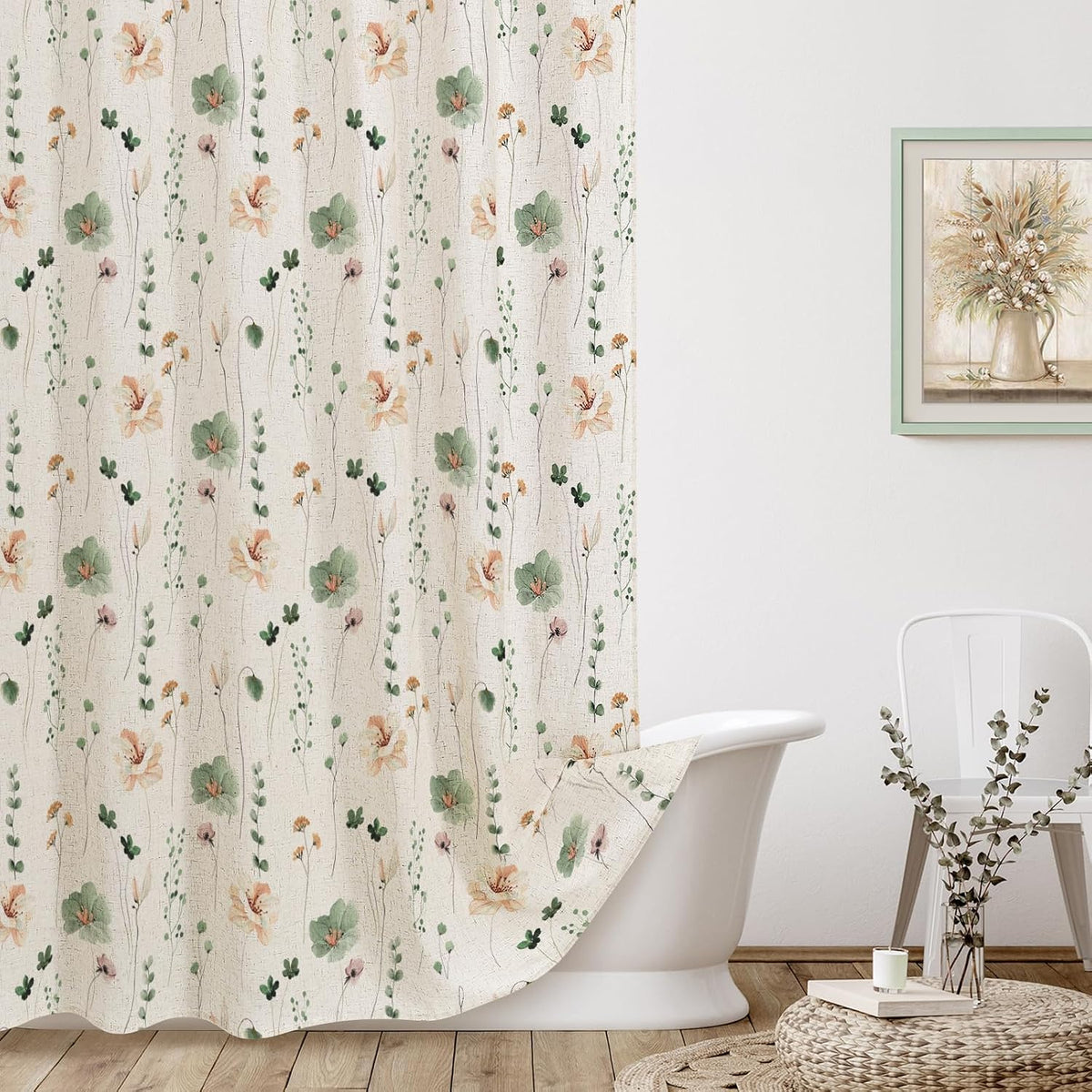 Sage Green Beige Watercolor Floral Fabric Shower Curtain 72x72