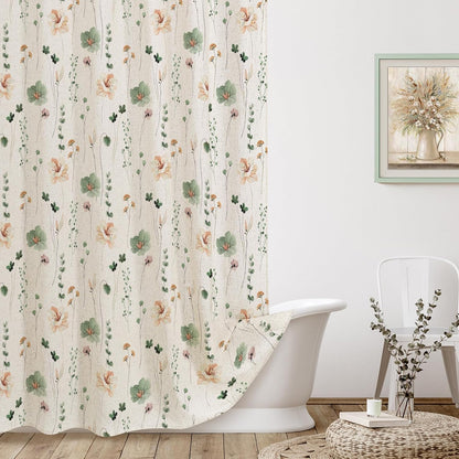 Sage Green Beige Watercolor Floral Fabric Shower Curtain 72x72