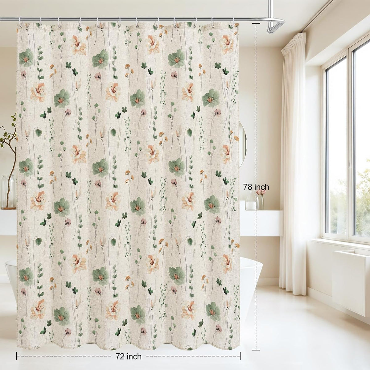 Sage Green Beige Watercolor Floral Fabric Shower Curtain 72x72