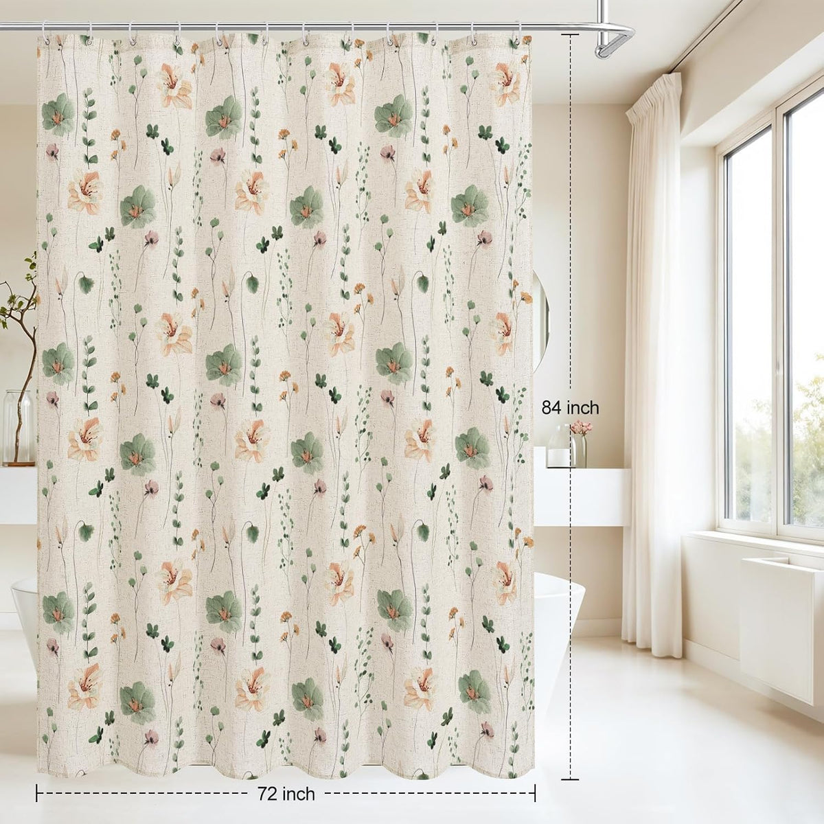 Sage Green Beige Watercolor Floral Fabric Shower Curtain 72x72