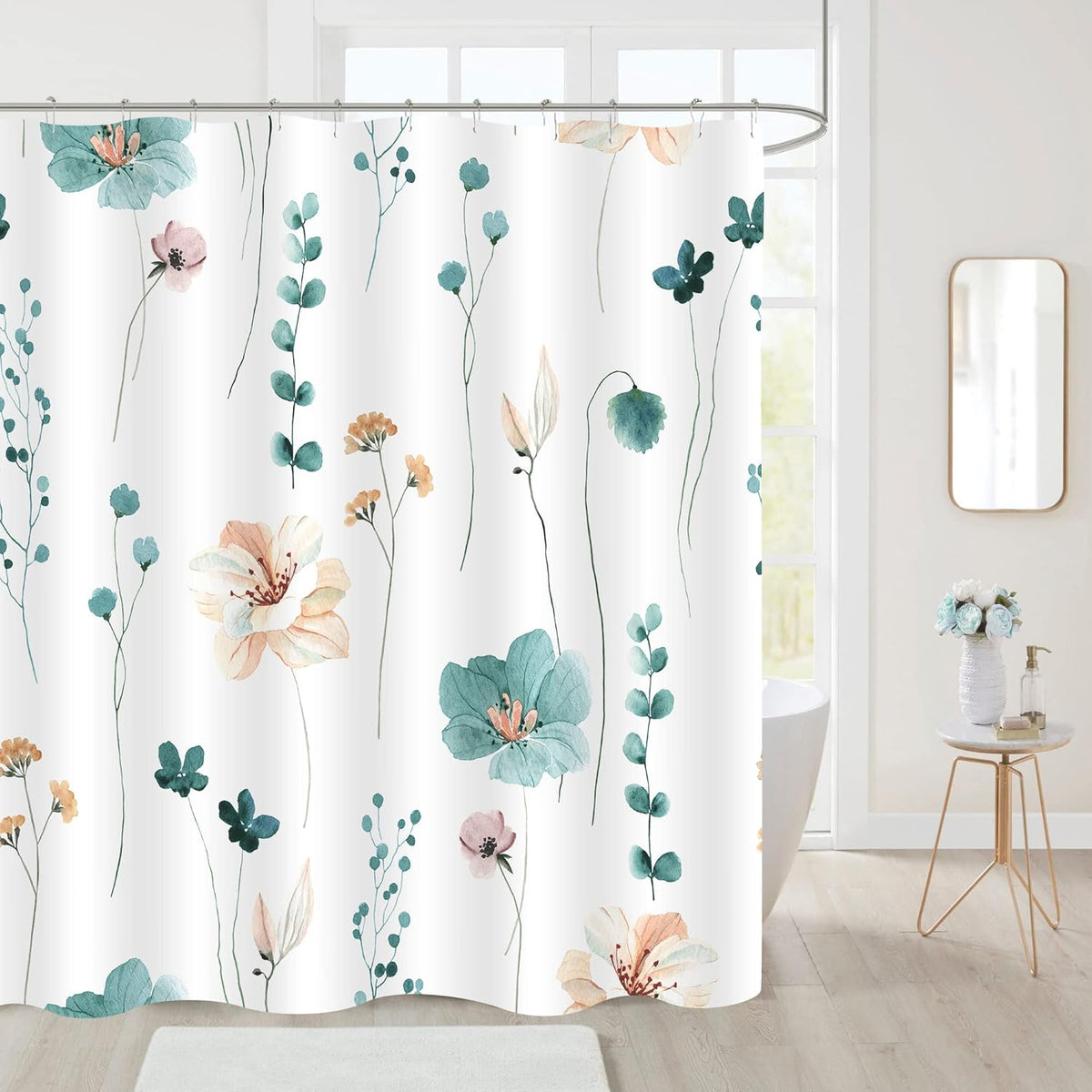 Sage Green Beige Watercolor Floral Fabric Shower Curtain 72x72