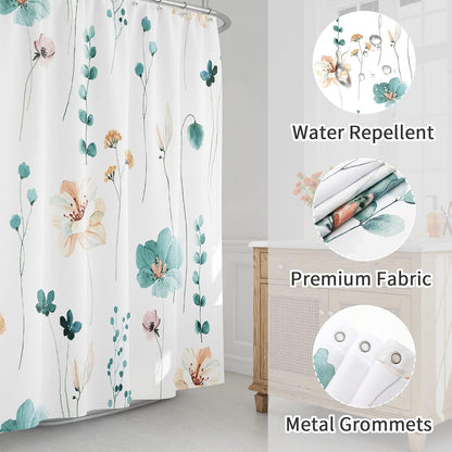 Sage Green Beige Watercolor Floral Fabric Shower Curtain 72x72