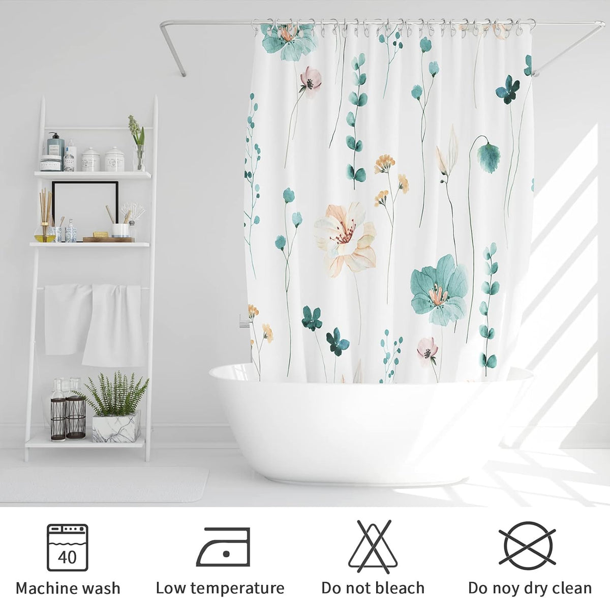 Sage Green Beige Watercolor Floral Fabric Shower Curtain 72x72