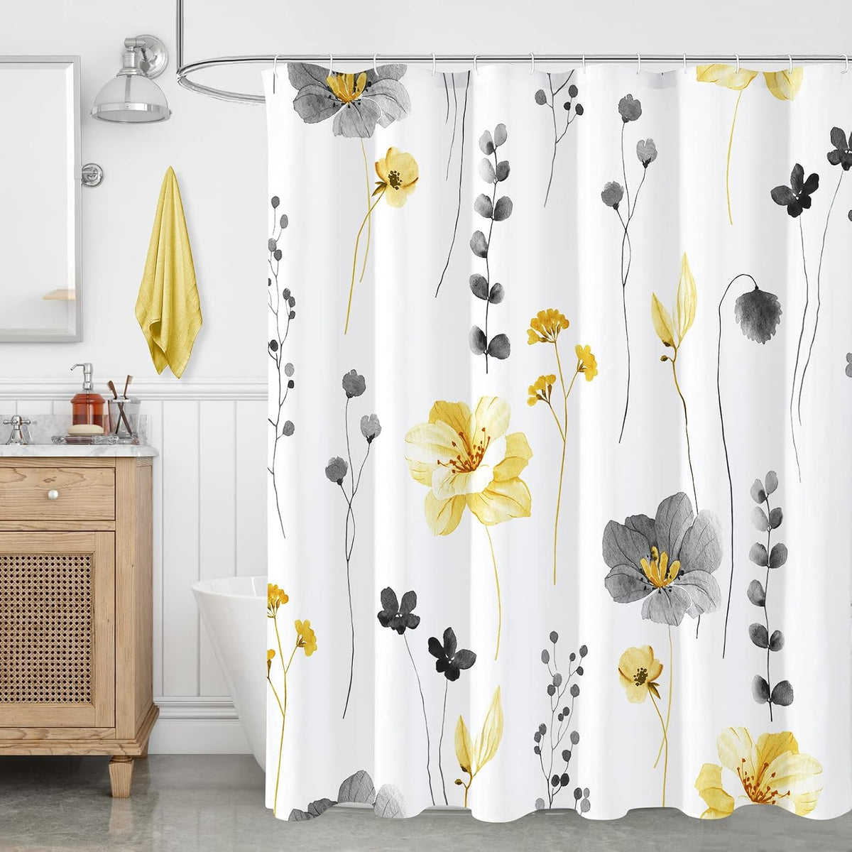 Sage Green Beige Watercolor Floral Fabric Shower Curtain 72x72