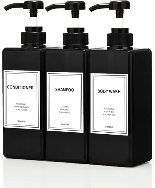 Modern Shampoo and Conditioner Dispenser (21 oz, Pack of 3) Refillable Pump Bottle Set Empty Shower Plastic Bottles with Pump for Bathroom Body Wash Soap and Shower (Clear)