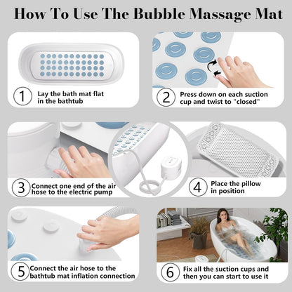 Bubble Bath Mat for Bathtub, Tub Spa Massager | Washable Soft Pillow & 6-Speed Motorized Air Pump, Warm Bubbles, Remote Control, Non-Slip Whirlpool Bathtub Spa Mat
