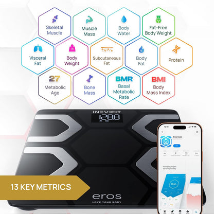 EROS Bluetooth Body Fat Scale Smart BMI Highly Accurate Digital Bathroom Body Composition Analyzer with Wireless Smartphone APP 400 lbs 11.8 x 11.8 inch (Black)