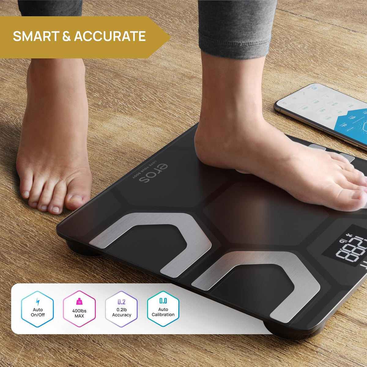 EROS Bluetooth Body Fat Scale Smart BMI Highly Accurate Digital Bathroom Body Composition Analyzer with Wireless Smartphone APP 400 lbs 11.8 x 11.8 inch (Black)