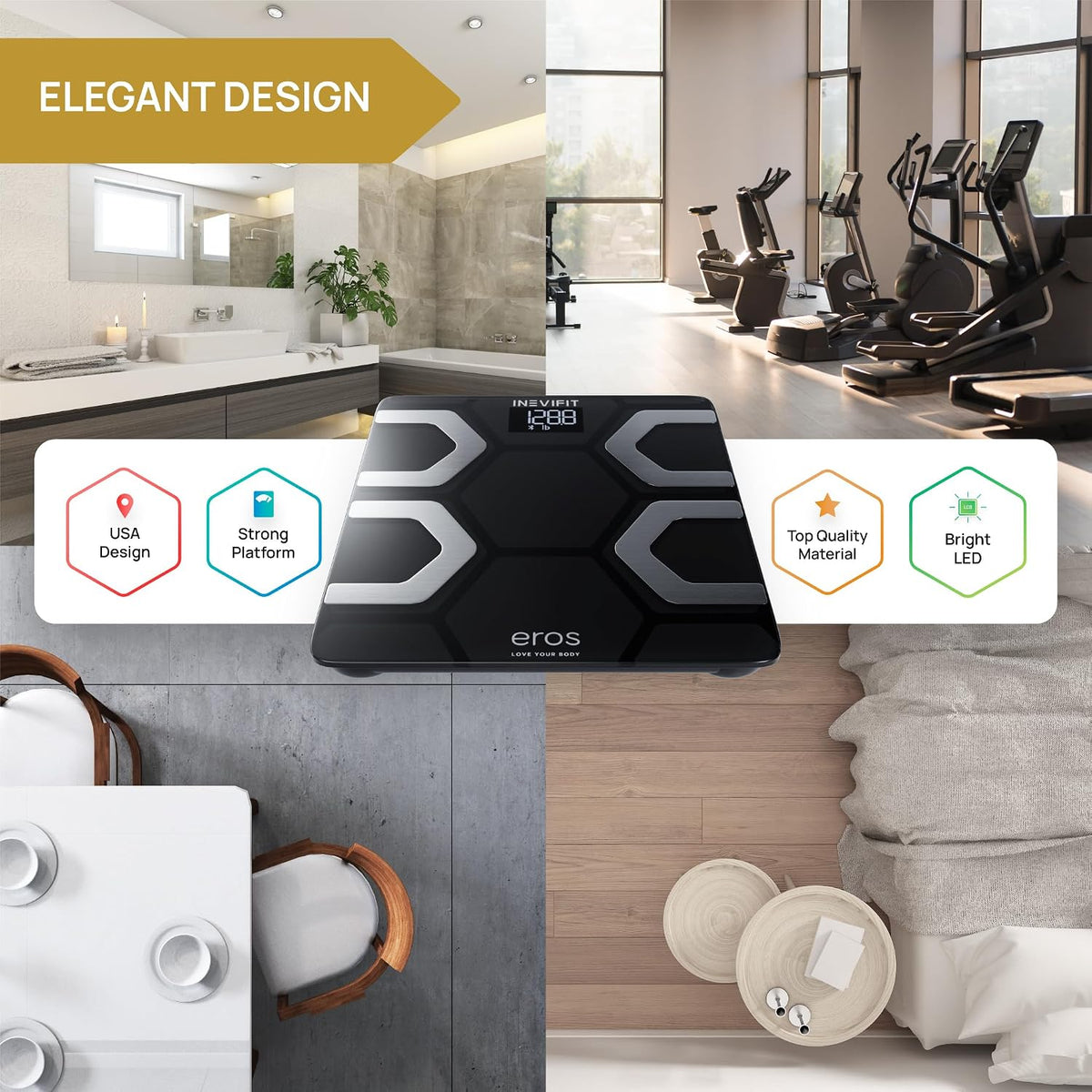 EROS Bluetooth Body Fat Scale Smart BMI Highly Accurate Digital Bathroom Body Composition Analyzer with Wireless Smartphone APP 400 lbs 11.8 x 11.8 inch (Black)