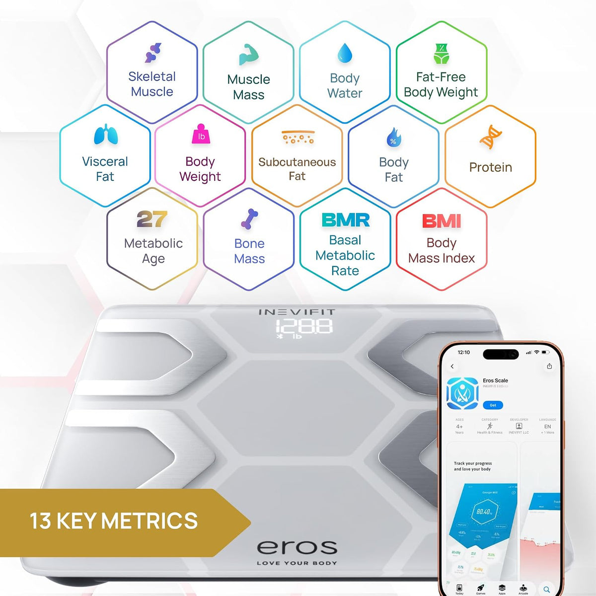 EROS Bluetooth Body Fat Scale Smart BMI Highly Accurate Digital Bathroom Body Composition Analyzer with Wireless Smartphone APP 400 lbs 11.8 x 11.8 inch (Black)