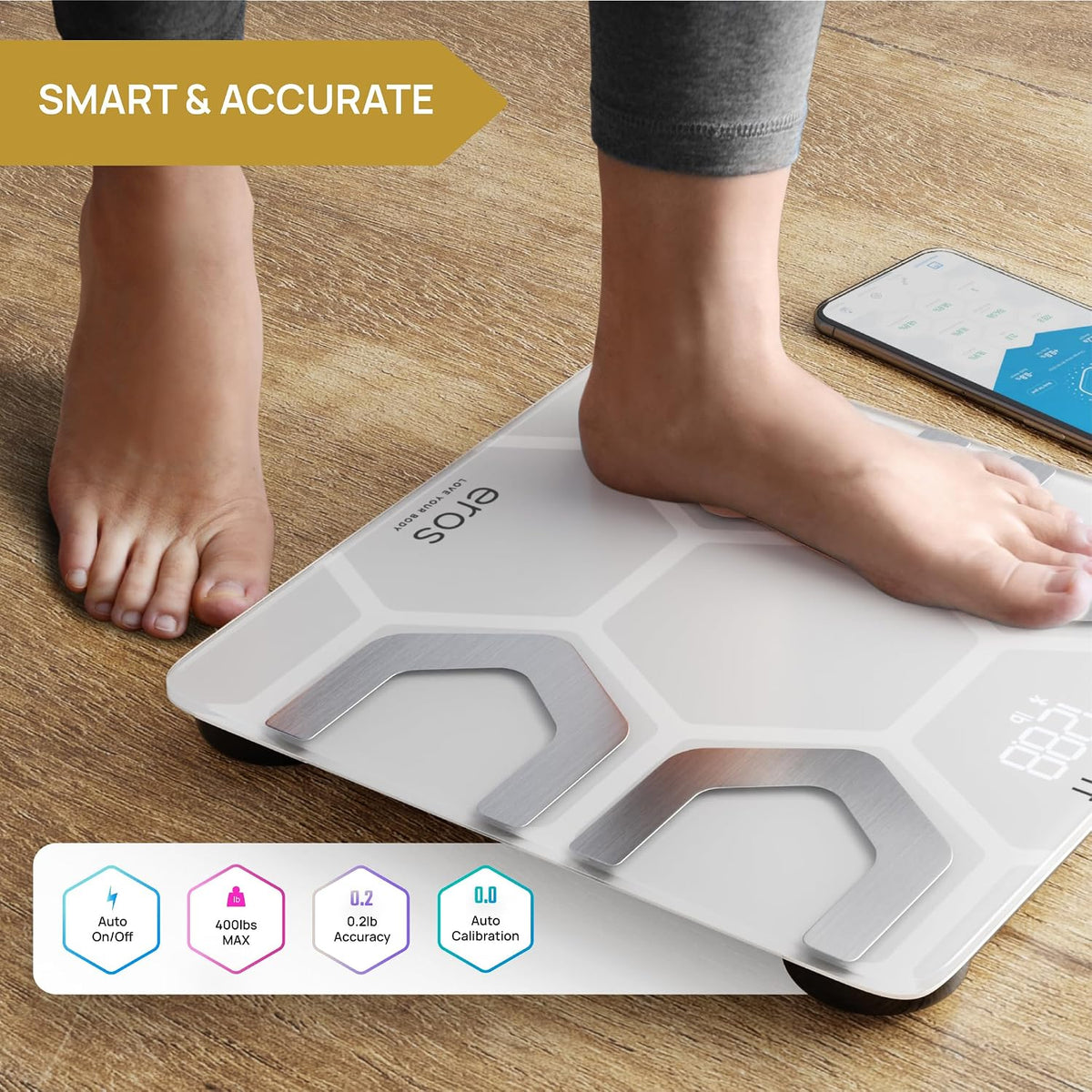 EROS Bluetooth Body Fat Scale Smart BMI Highly Accurate Digital Bathroom Body Composition Analyzer with Wireless Smartphone APP 400 lbs 11.8 x 11.8 inch (Black)