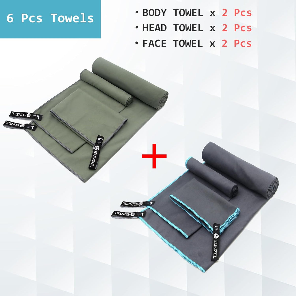 2 Set Quick Dry Camping Towel, Microfiber Travel Towel Super Absorbent Fast Drying Towel for Camping, Beach, Gym, Backpacking & Swimming(Two 3-Piece Towel Sets, Army Green/Grey)