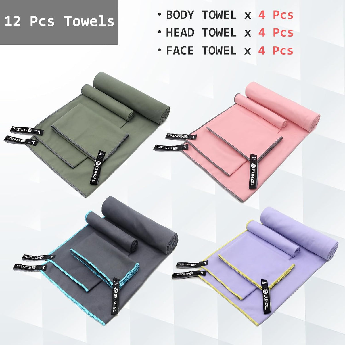 2 Set Quick Dry Camping Towel, Microfiber Travel Towel Super Absorbent Fast Drying Towel for Camping, Beach, Gym, Backpacking & Swimming(Two 3-Piece Towel Sets, Army Green/Grey)