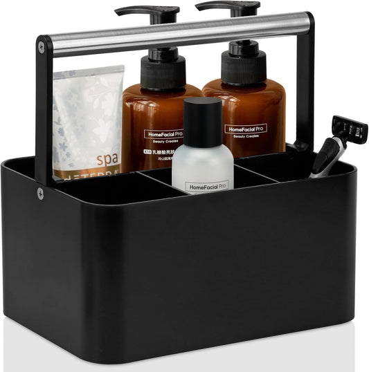 BYUNER Portable Shower Caddy Dorm: Bathroom Caddy Organizer with Handle and Adjustable Dividers,Plastic Shower Basket for Toiletry,Makeup,Vanity,Shower Storage Tote for College, Cleaning Caddy, Black