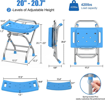 Height Adjustable Folding Shower Chair Seat, Stainless Steel Shower Chair for Inside Shower w/Crossbar, 420LB Portable Travel Shower Stool, Safety Anti-slip Bath Chair for Seniors, Adults,Blue